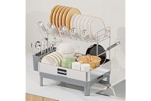 LIONONLY Scolapiatti,2 Livelli Acciaio Inossidabile Scolapiatti da Lavello con Drenaggio Automatico, Acciaio Inossidabile Sgocciolatoio con Ugello a Spirale e Portaposate e Portabicchieri