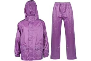 A2Z 4 Kids Boys Girls Waterproof Hooded Rain Suit with Matching Carry Bag Lightweight Jacket & Trouser Set with Pockets Kids Rainwear in Black Navy Royal Blue & Lilac Ages 3 to 14 Years