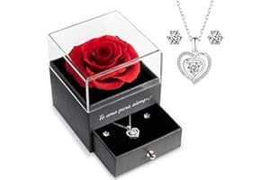 Yamonic Rosa Eterna con Collar y Pendientes de Plata de Ley 925 Mujer,Regalo Dia de la Madre, Rosa Eterna Natural Preservada,Rosa Real Regalo Mama,Regalos Originales para Mujer,Te Amo para Siempre