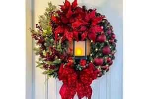 TZCIN LED Künstlicher Weihnachtskranz für Tür, 40cm Türkranz Weihnachten außen und innen - Adventskranz mit Kerzenlaterne Beleuchtet Batterie Deko Kranz mit Kugel Schleife Weihnachtsdeko (Rot)