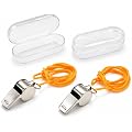 Carehabi Sifflet Arbitre en Acier Inoxydable, Lot de 2 avec Cordon | 2 sifflets de 4 x 2 cm, env. 12,5 g chacun, avec cordons orange de 42 cm et boîte de rangement.