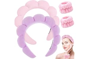 UOOUOO Spa Headband for Washing Face, Makeup Headband, Bubble Skincare Headbands with Face Wash Wristbands, Terry Cloth Headband Soft Puffy Headband for Women Gifts
