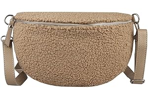 ITALYSHOP24 Made in Italy Damen Leder Gürteltasche Crossbody Teddyfell Bauchtasche Hüfttasche Kunstfell Umhängetasche Brusttasche Crossover Bodybag Schultertasche Teddy Pelz Fell Plüsch Taupe 30x20x7 cm