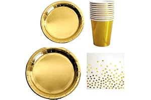 BOX And Tree| 80 Pièces de Vaisselle Jetable en Color Or, Assiettes Dorée, Gobelets en Carton et Serviettes pour Mariage, Noces, Noël et Fêtes, 20 invités