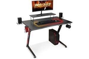 GTPLAYER Biurko gamingowe stolik pod komputer, rama w kształcie litery Z, wyposażony w głośnik i uchwyt na płyty CD, uchwyt na napoje/tablet, gniazdo wtykowe i stojak na monitor