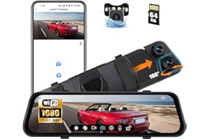 CAMECHO 1080P Retrovisor 9.66 Pulgada Mirror Dash CAM Coche con 2 Cámara 720P, Delantera 150° y Trasera Dashcam 120° con Línea inversa, Visión Nocturna, Sensor G, Tarjeta de 64 GB WiFi App