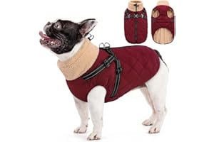 Queenmore Large Waterproof Dog Jacket with Built-in Harness - Quilted Fleece Lined Coat for French Bulldog/Cocker Spaniel/Whippet - Adjustable Collar & Snowproof Design(Burgundy, L)