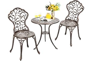 KOMFOTTEU Lot de 3 Ensemble de Bistrot, en Fonte d'aluminium, Salon de Jardin, Style Vintage, Set de Meubles de Jardin avec 1 Table et 2 Chaises, pour Terrasse, Balcon, Cour, Bronzé