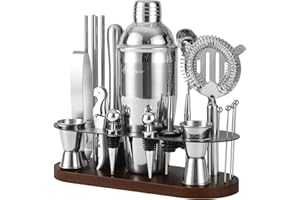 ASOVNIS Kit shaker à cocktails avec support | Ensemble de 23 pièces pour barman avec tous les accessoires essentiels : shaker à martini, doseur, pour la maison, le bar et les fêtes (chocolate-Y)