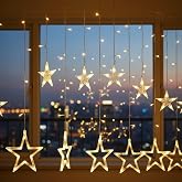 Twinkle Star LED Işıklı Yıldız Perde, 3 Metre Genişlik, 150 LED, Sıcak Beyaz, 12 Yıldızlı, 8 Fonksiyonlu, Pencere Dekorasyonu