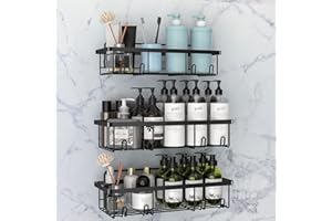 UZIMOO Shower Caddy Black - Bathroom Shelves Organiser No Drilling Adhesive Bathroom Shelf Wall Mounted, Rustproof Stainless Steel Shower Storage Shelves Rack for Shampoo Conditioner, 3 Pack