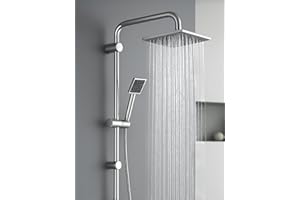 CROWNSHOP Shower Set Shower Riser Rail Shower Mixer with Twin Heads Adjustable Overhead Rainfall Bathroom Shower Mixer Shower Head Handheld Shower Hose and Riser Rail Kit (Square)