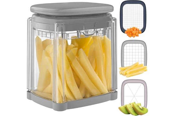 Vihoom Coupe Frites Manuel, Coupe Frite Rapide avec 3 Lames en Acier Inoxydable, Coupe Pomme de Terre pour Frite, Coupe Legumes Multifonctions Parfait pour Fruits et Légumes(Gris)