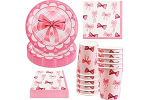 Hmfmdy Rosa Schleife Partygeschirr Set, 40 Stück Party Deko, Geburtstag Geschirr Kit Mit Pappteller Becher Servietten, Party Geschirr Supplies für Verlobung, Mädchen, Babyparty, Hochzeit - 10 Gäste