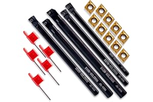 KATSIRO Portaherramientas de Torno CNC, 5 Piezas S06K/S07K/S08K/S10K/S12M-SCLCR06+10 Piezas Insertos de Carburo CCMT0602 + 5 Piezas Barra de Perforación de Torno con llave
