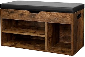 ‎VASAGLE VASAGLE LHS30BX Ławka na buty z poduszką, ławka do przechowywania z wyściełanym siedziskiem, 3 przegródki, ukryty schowek, półki, salon, korytarz, sypialnia, nośność 150 kg, rustykalny brąz