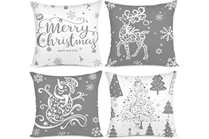 Miaikoe Christmas Cushion Covers - Set of 4 Decorative Holiday Pillow Cases with Trees, Deer, Snowman, Merry Christmas Design (Grey, 40x40cm)