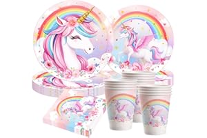 CANCJ 3D Einhorn Partygeschirr Set, 50-teiliges Einhorn Geburtstag Set mit Papptellern, Tassenn & Servietten für Magische Kindergeburtstag Einhorn Party Deko