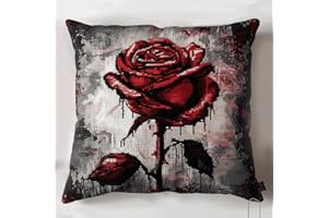 RKFLGEW DIY stickpackung kissen rote Rose knüpfen set erwachsene kissen Fantasieblumen Knüpfhaken-Set für selbstgemachte Dekokissenbezüge，Handarbeits-Kissenbezüge，Handarbeit，Häkeln für die Fami 43x43cm