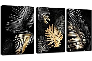 FAJERMINART 3 Pièces Feuilles d'or noir Tableau Décoration Murale Salon Impression sur Toile Image sur Toile Abstraite Peintures sur Toile Décoration Murale pour Chambre Maison Bain prêt à accrocher 50x70cmx3pcs
