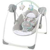 Ingenuity Comfort 2 Go Kompakt Taşınabilir 6 Vitesli M&uuml;zikli Bebek Salıncağı, Kolay Seyahat i&ccedil;in Katlanır - Hayali Orman, 0-9