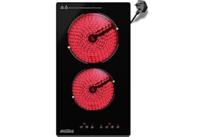 COVERCOOK Plug in Ceramic Hob 2 Zone, Built-in Electric Hob 30cm with Touch Control, Domino Portable Electric Ceramic Hob 2 Ring, 2900W, 9 Power Levels, Timer, Residual Heat Indicator, Black