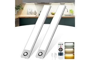 Wonkelly Luz de Armario Cocina con Mando a Distancia, Regulable Lampara con Detector de Movimiento, 2200mAh USB-C Recargable, 3000K/4000K/6000K Regulable, 30cm Tira de LED para Armario, 2pcs