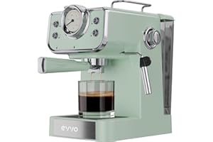 EVVO Cafetera Express Intensa Retro, 15 bares, Acabado Vintage, Cuerpo de Acero, Espressos y Capuccinos, 950W, Doble salida, Portafiltros, Depósito de 1,5 l, Calentamiento Rápido (Color: Verde Agua)