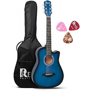 Revel 38 Inch Acoustic Guitar Cutaway Wooden Guitar with High-Gloss Finish, Steel Strings, Smooth Tuning Pegs, Includes Carry Bag & Picks | Acoustic Guitar for Beginners and Adults. (Blue)