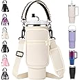 AceTreker 40 30 oz Stanley Cup Carrier Bag with Strap & Straw Cover, Vacuum Stainless Steel Rambler Sleeve with Phone Pocket, Neoprene Water Flask Holder Pouch for Stanley Tumbler Accessories-Cream