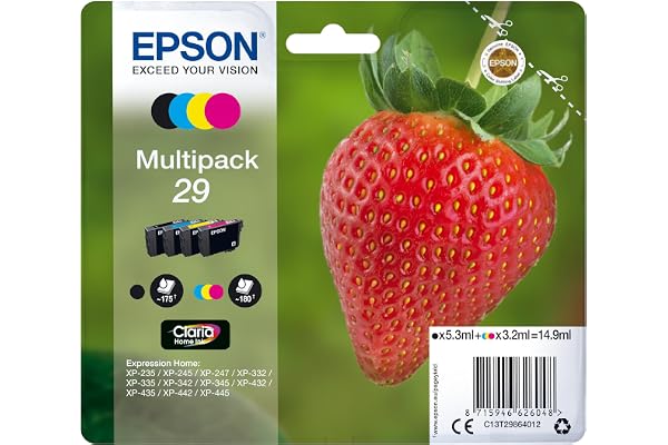 Epson Multipack 29 Fraise, Cartouches d'encre d'origine, 4 couleurs: Noir, Cyan, Magenta, Jaune, XP-235 XP-243 XP-245 XP-247 XP-255 XP-257 XP-332 XP-335 XP-342 XP-345 XP-352 XP-355 XP-432 XP-435