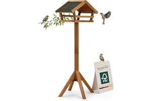 Moorland Wooden Garden Bird Feeders with Stand 101 cm – Open Fronted Bird Box for Robins – FSC Wood Birdhouses for Garden – Weatherproof Bitumen Roof & Freestanding Nesting Box – VH3