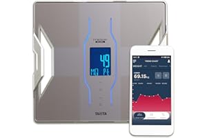 TANITA RD-953 Balance de Composition Corporelle Intelligente avec Application Gratuite Score de Qualité Musculaire Unique 11 Mesures Platine