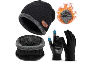 LALAFANCY 3 Pieces Winter Beanie Hat Scarf Set and Touch Screen Gloves Warm Thick Knit Fleece Lined Skull Cap Gifts for Men Women