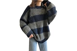 CENLANG Oversized Sweaters for Women, Long Sleeve Crew Neck Striped Color Block Casual Loose Knitted Pullover Tops