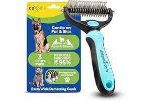 DakPets Pet Grooming Brush. Extra Wide, Double Sided Dematting Undercoat Rake for Dogs and Cats. Reduce Dog and Cat Shedding by 95%, Blue