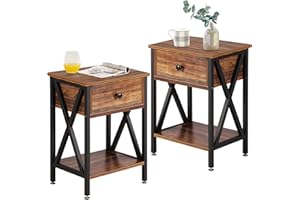 VECELO Bedside Table with Drawer and Shelf, No Slide Rails, Stable Metal Frame/Easy Assembly, Rustic Brown, Nightstand (Set of 2), Engineered Wood
