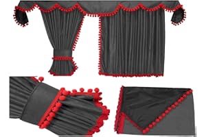 ADOMO LKW Gardinen passend zum DAF XF 106 in grau rot, Pompoms/Kugel