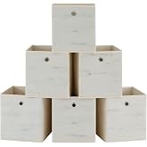 SONGMICS Set of 6 Folding Storage Boxes, 26 x 26 x 28 cm | Organizer Box, Paper and Non-Woven Fabric, Adjustable, Rustic Whit