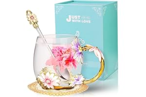 Wisolt Birthday Gifts for Women Teacher Christmas Gifts Flower Glass Tea Cup Gifts for Mum Wife Her Friend Anniversary Valentines Christmas Mothers Day Gifts Glass Coffee Cup Mugs with Spoon