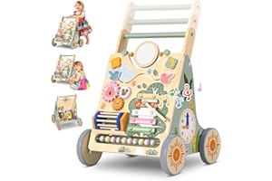WINNROK Carrello Primi Passi in Legno, Girello Montessori con Centro Attività, Girello Neonato Altezza e Velocità Regolabili, Perfetto come Regalo di Compleanno o Natale, Girello per Bambini 6-18 Mesi