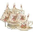 YOLIFE Tea Cups and Saucers Set of 6, 200 ML Vintage Pink Rose Ivory Porcelain Tea Cups Set with Gold Stand