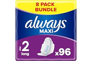 Always Maxi Sanitary Towels with Wings, Size 2, Long, 96 Towels (12 x 8 Packs), Anti-leakage Barriers, Protection & Comfort