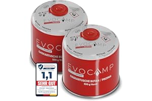 EVOCAMP 2X Cartucce di gas butano da 500g, cartuccia a vite con gas butano/propano 899 ml, cartuccia di gas conforme alla norma EN 417, cartuccia a valvola con chiusura a vite
