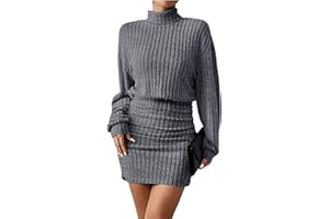 TrendiMax Women's Long Sleeve Jumper Dress Mock Turtel Neck Ribbed Knit Bodycon Mini Short Sweater Dress