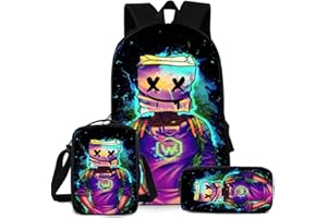 TEMOLIE Sac à dos d'école 3 pièces pour enfants Trousse à crayons Sac à bandoulière pour jeunes DJ Musique Sac tendance Sac pratique pour livres Convient pour les adolescents et les étudiants