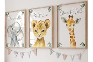 Eviepops Prints Decorazione da Parete Bimbo Safari – Set di 3 Stampe Senza Cornice per Cameretta Bambina o Bambino – Animali (Elefante, Giraffa, Leone) “Dream Big, Stand Tall” – A4