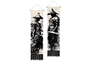PLIGREAT 2 Pack Ink Style Tapestry Japanese Samurai Vertical Wall Hanging with Tassels Black Aesthetic Wall Tapestry for Bedroom Living Room Dormitory Backdrop Home Art Decor, 52"x13"/130x33 cm