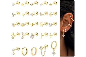 CASSIECA 25 Pcs Boucles d'Oreilles Femme Bijoux Acier Inoxydable Plaqué Or 14K Oreille Piercing Cartilage Boucles d'Oreilles Creoles Piercing Tragus Conch Lobe Helix Piercing Or Argent