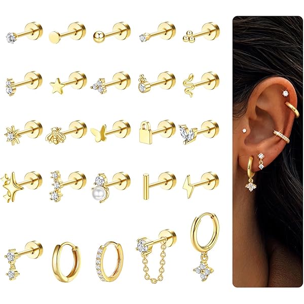 Roheafer Gouden Oorbellen voor Vrouwen Hypoallergeen Platte Rug Studs 14K Goud Roestvrij Staal Kleine Hoop Oorbellen Set Kraakbeen Oorbellen voor Meerdere Piercings, Roestvrij staal, Zirkonia